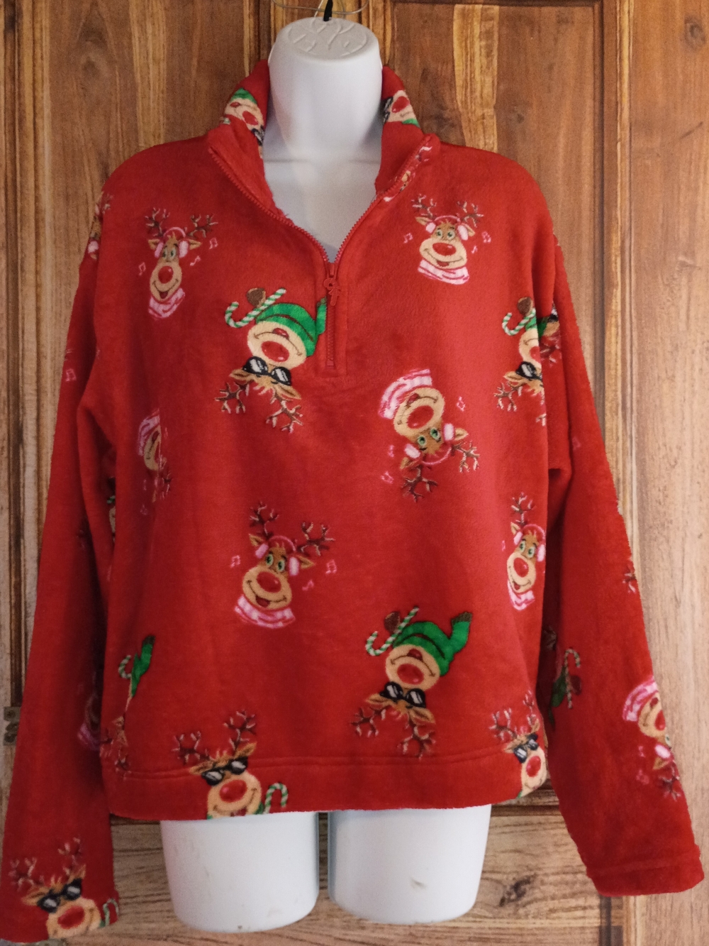 No Boundaries Red Holiday Reindeer Half-Zip Sweater